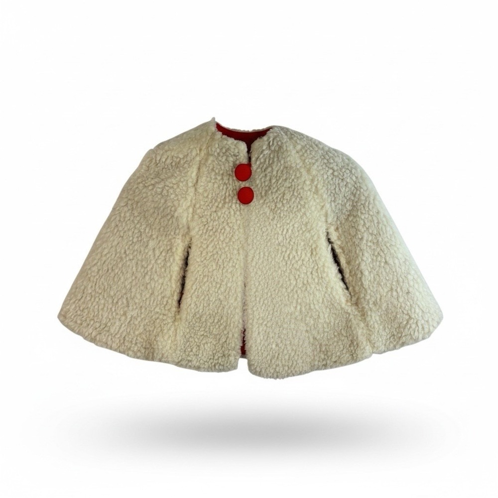 True Vintage 1960s Children's Fleece Cape Jacket‎ Heavyweight Ivory Red Handmade